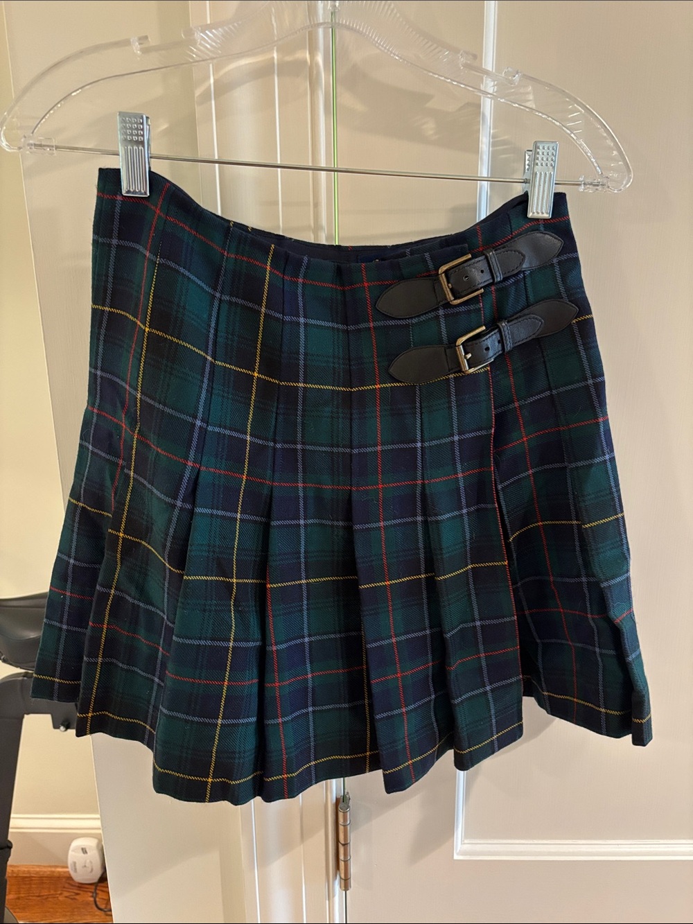 Ralph Lauren Rugby Wool Green Plaid Pleated Skirt with Buckle Detail
